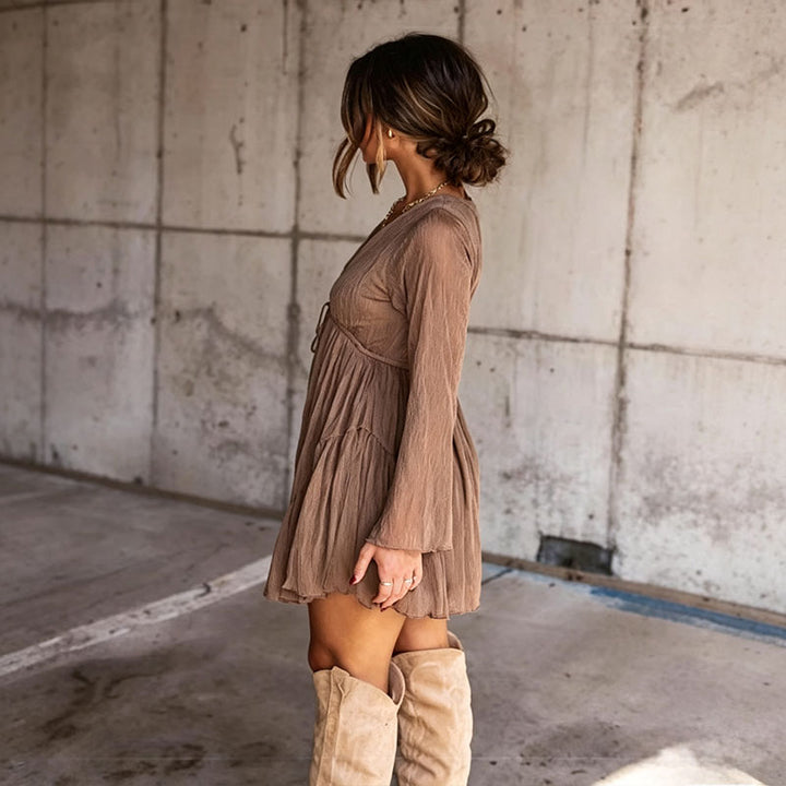 V-neck long-sleeve belted mini dress