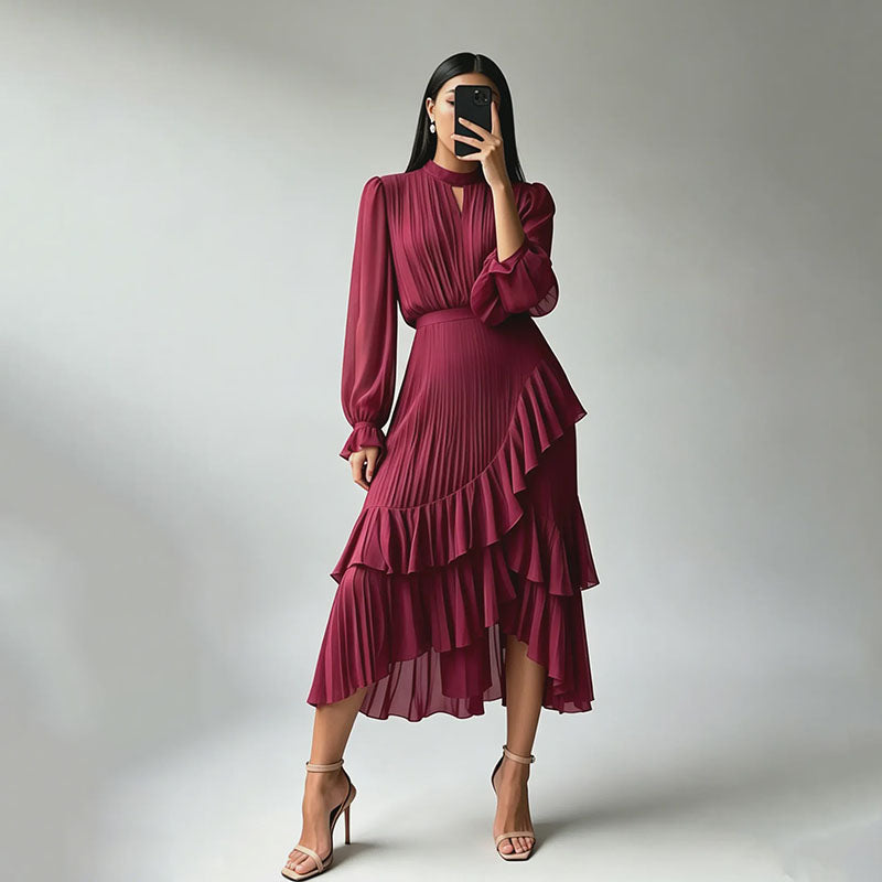 Long-sleeved irregular layered dress