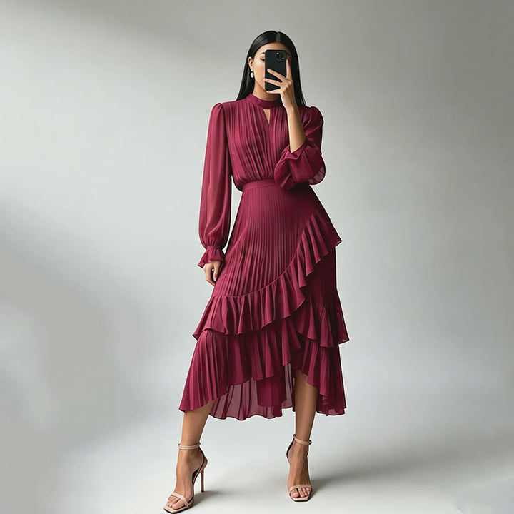 Long-sleeved irregular layered dress