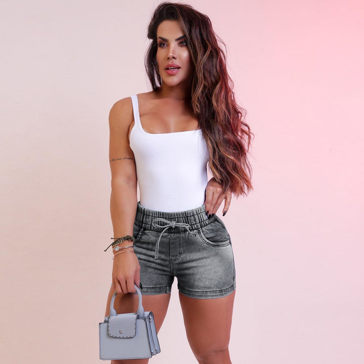 Elastic Drawstring High Waist Cuffed Stretch Denim Shorts