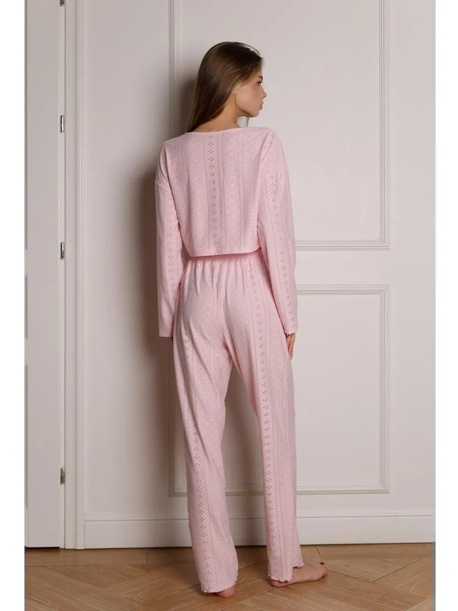 Eyelet Embroidered Two-Piece Lounge Set Soft comfort. Feminine detail. Everyday ease.