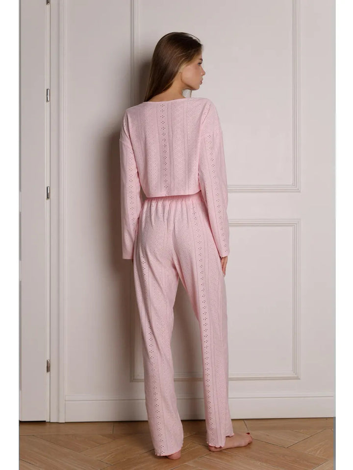 Eyelet Embroidered Two-Piece Lounge Set Soft comfort. Feminine detail. Everyday ease.