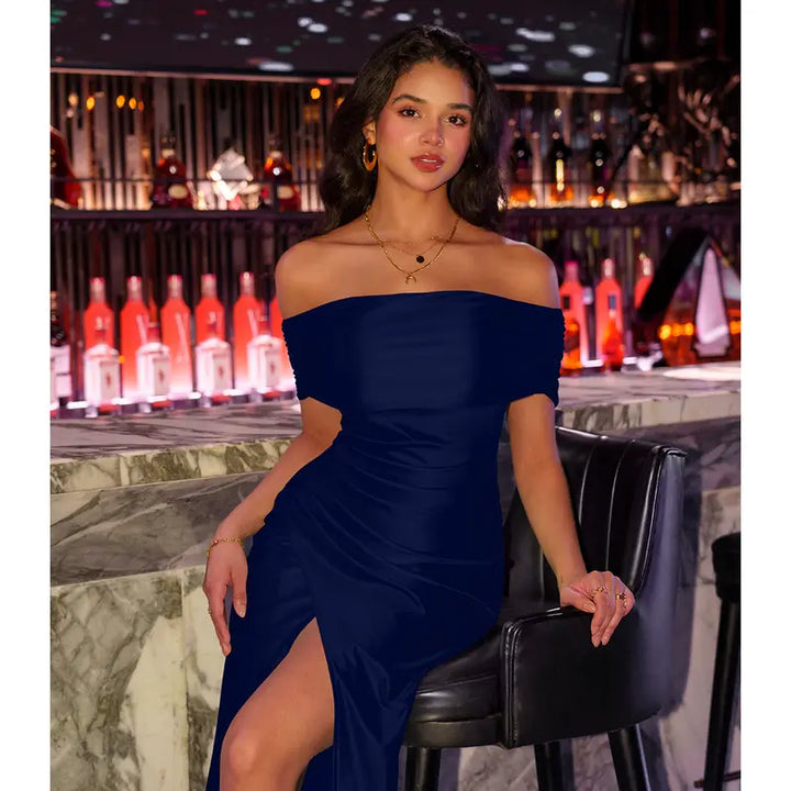 Champagne Satin Off-Shoulder Gown with Draped Detail &amp;amp; High Slit