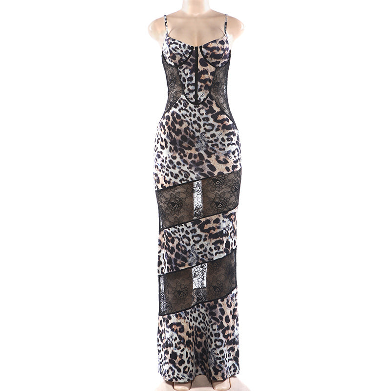 Leopard Print Lace Panel Corset Maxi Dress