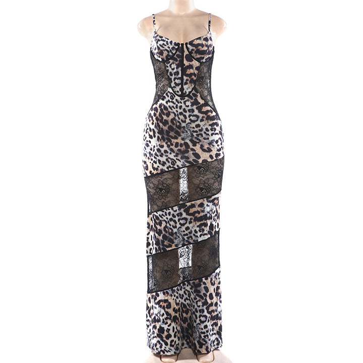 Leopard Print Lace Panel Corset Maxi Dress