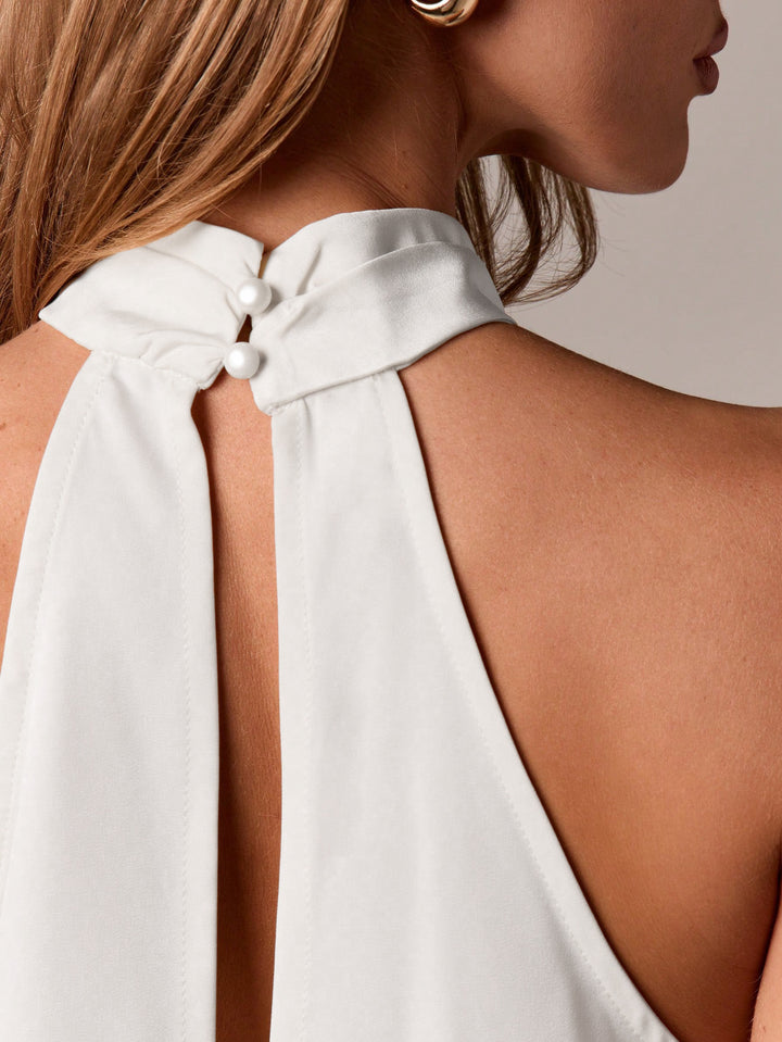 Halter Neck Lace Trim Asymmetrical Hem Top | Cream Chiffon Open Back Blouse
