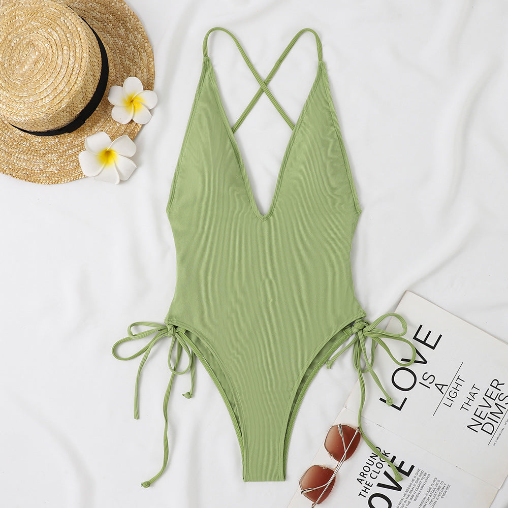 Control Sexy Deep V One Piece Swimsuit Women with Tie Sides