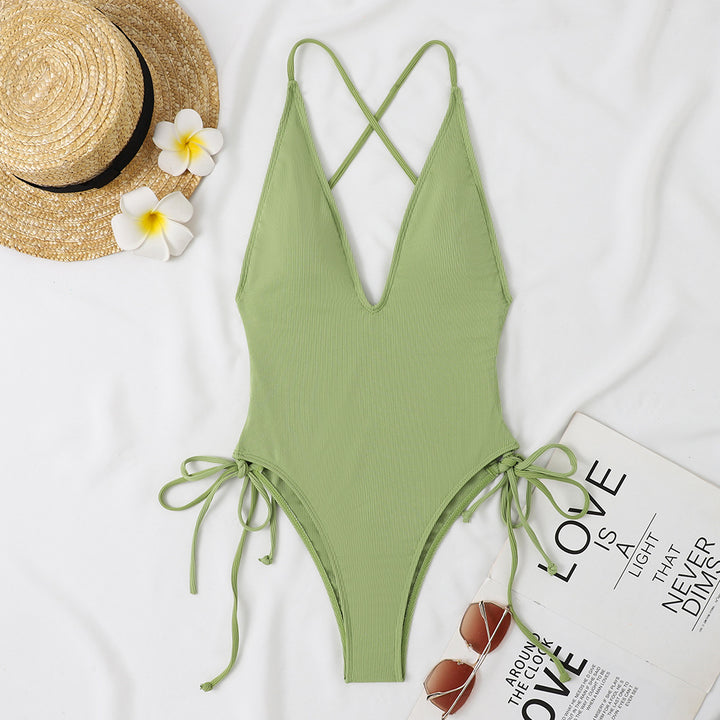Control Sexy Deep V One Piece Swimsuit Women with Tie Sides