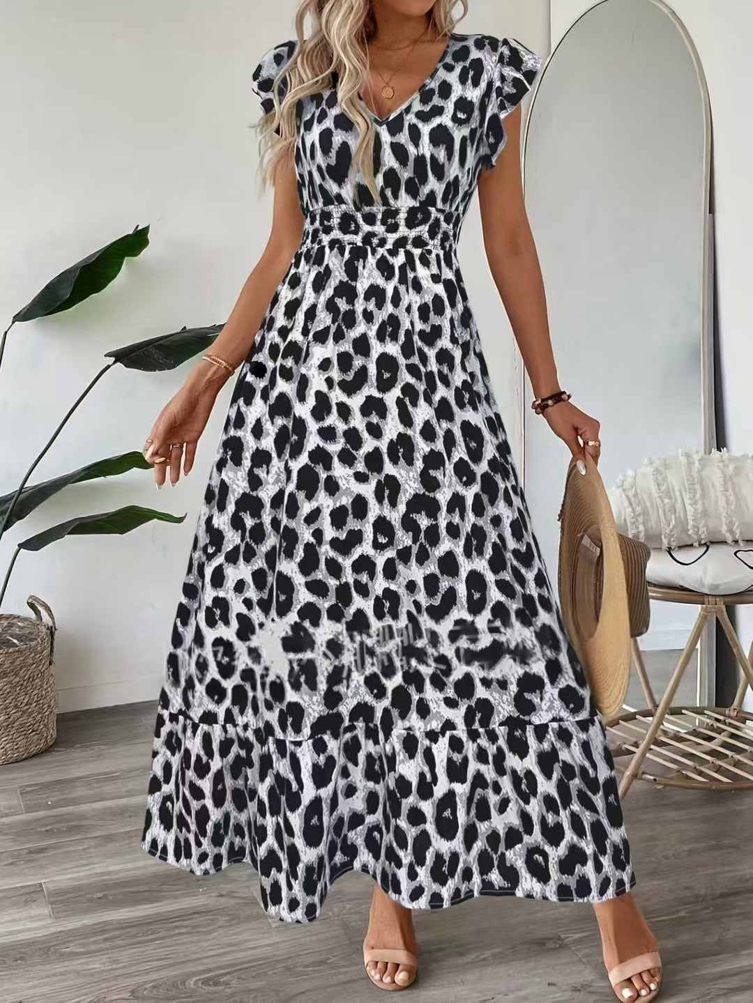 Navy Blue Printed Smocked Waist Maxi Dress