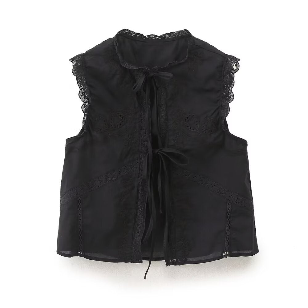 Lace Trim Tie-Front Cropped Vest | Romantic detail. Effortless layering.