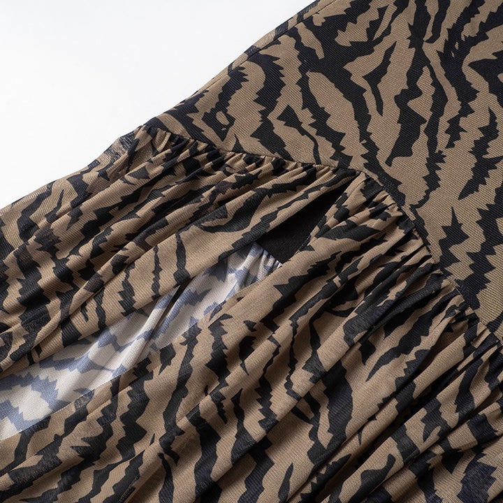Women Tube Top Dress Tiger Stripe Mesh Patchwork Maxi Dress