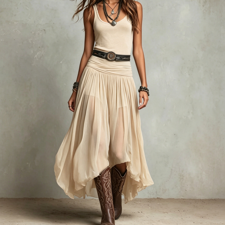 Low Neck Fitted Tank Chiffon Maxi Dress