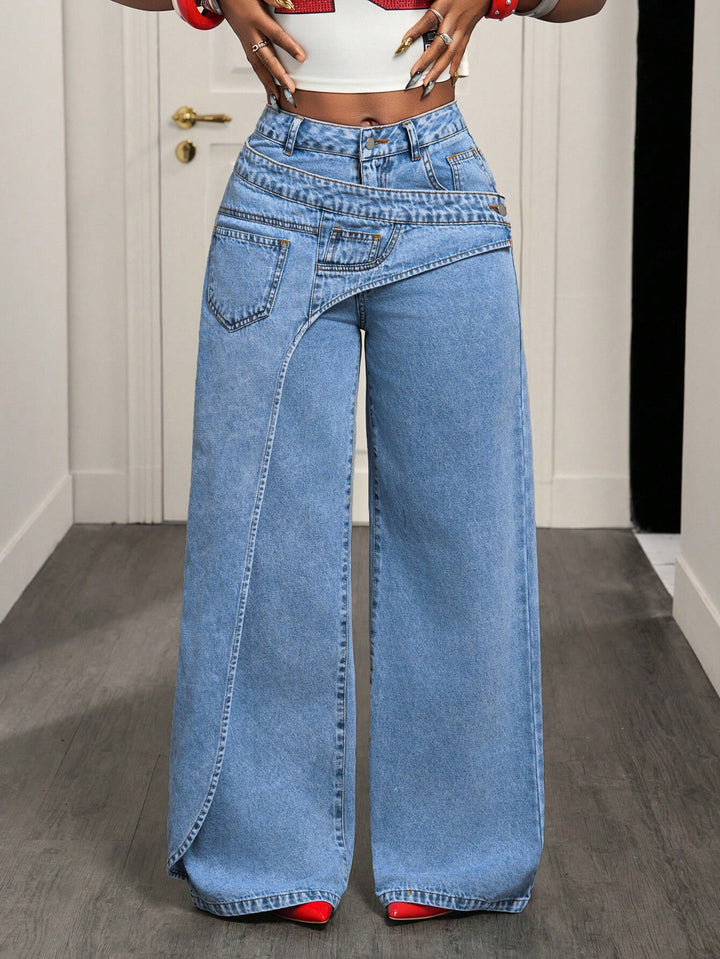 High-Waisted Wrap-Front Wide Leg Jeans