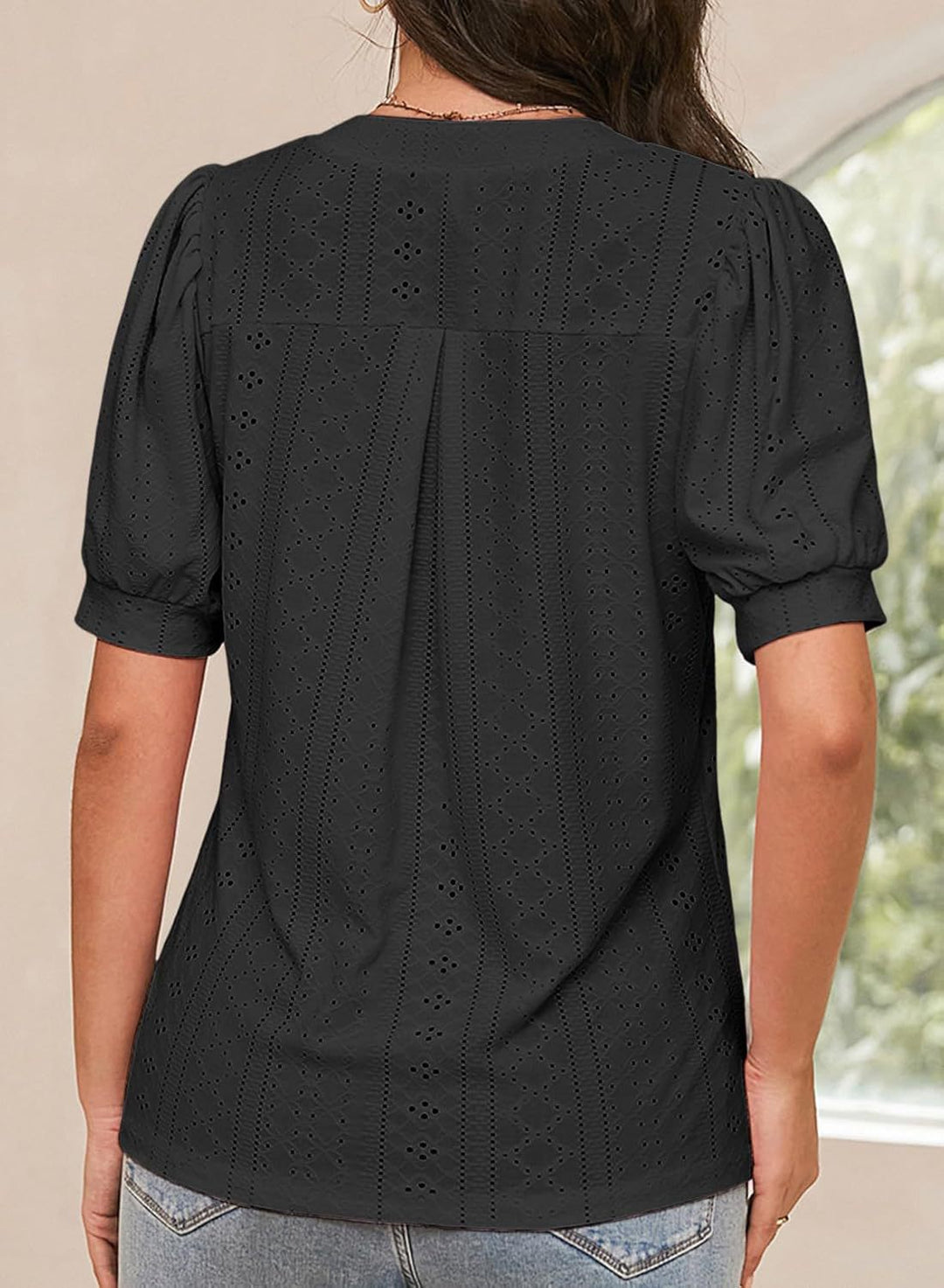 Eyelet Puff Sleeve Split Neck Blouse
