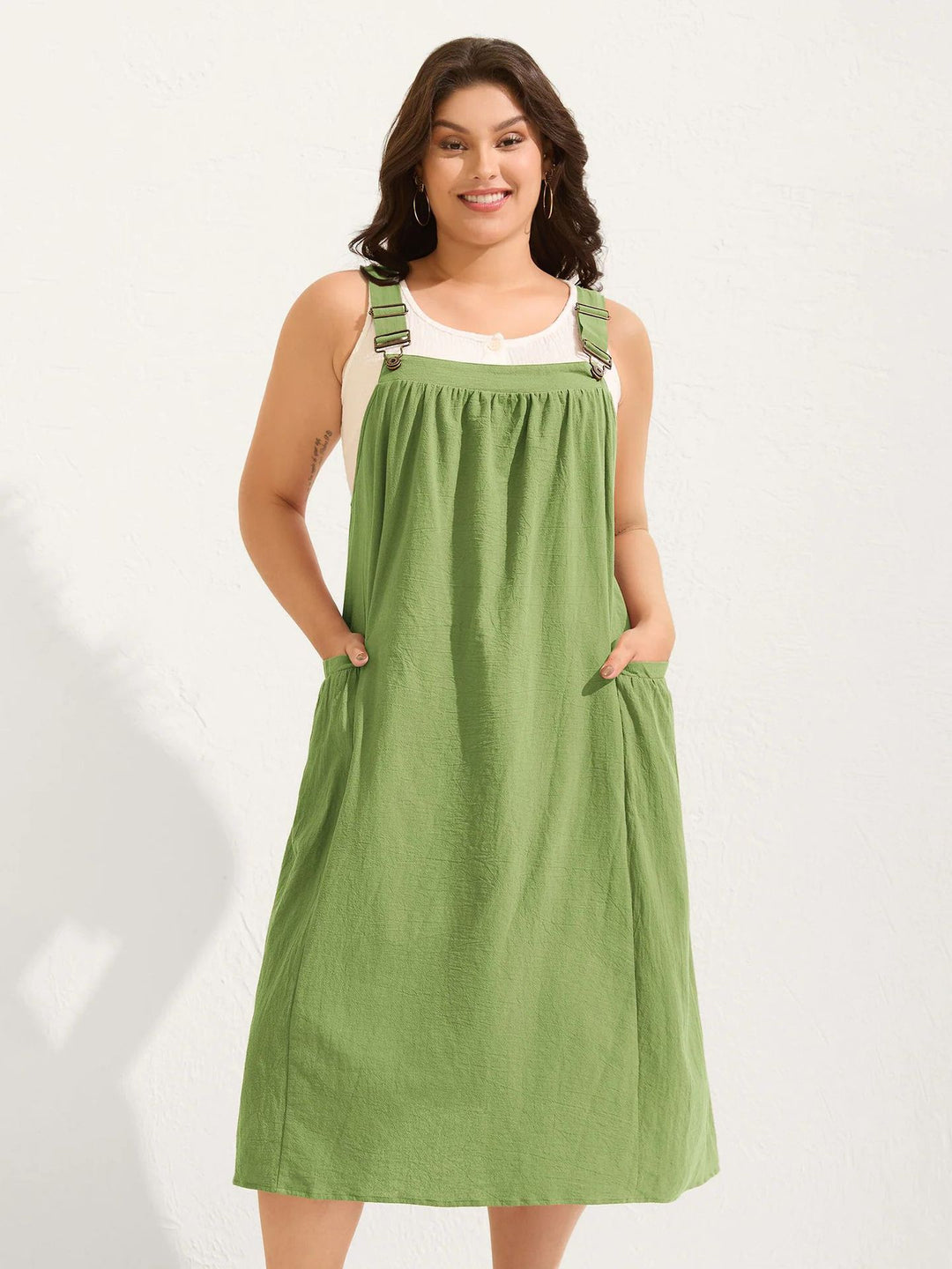 Plus Size  Adjustable Strap Pinafore Midi Dress with Pockets