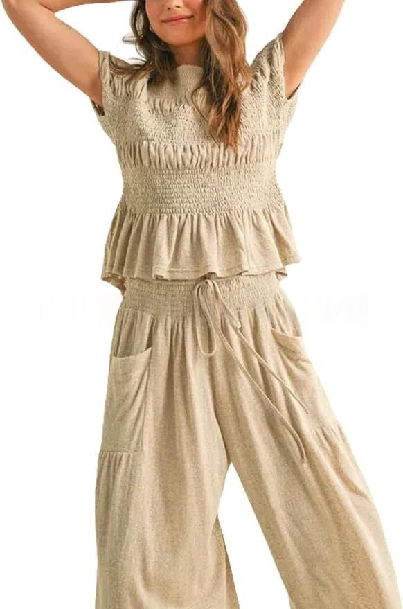 Beige Linen-Blend Smocked Peplum Top &amp;amp; Wide-Leg Pants Set