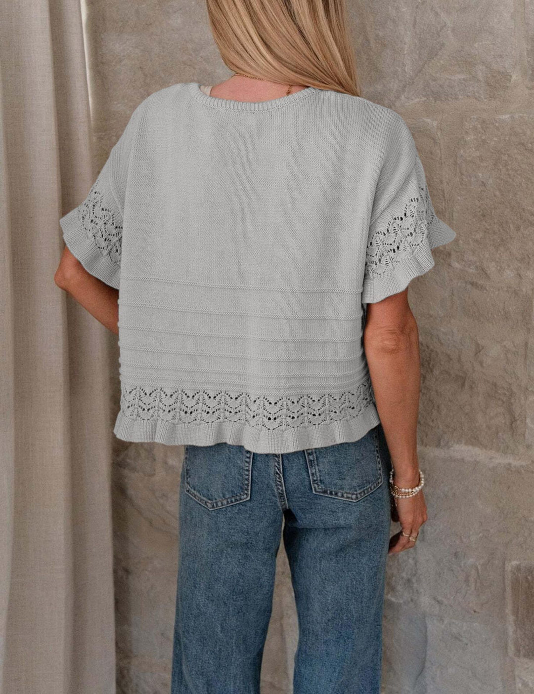 Beige Crochet Lace Trim Short-Sleeve Knit Top