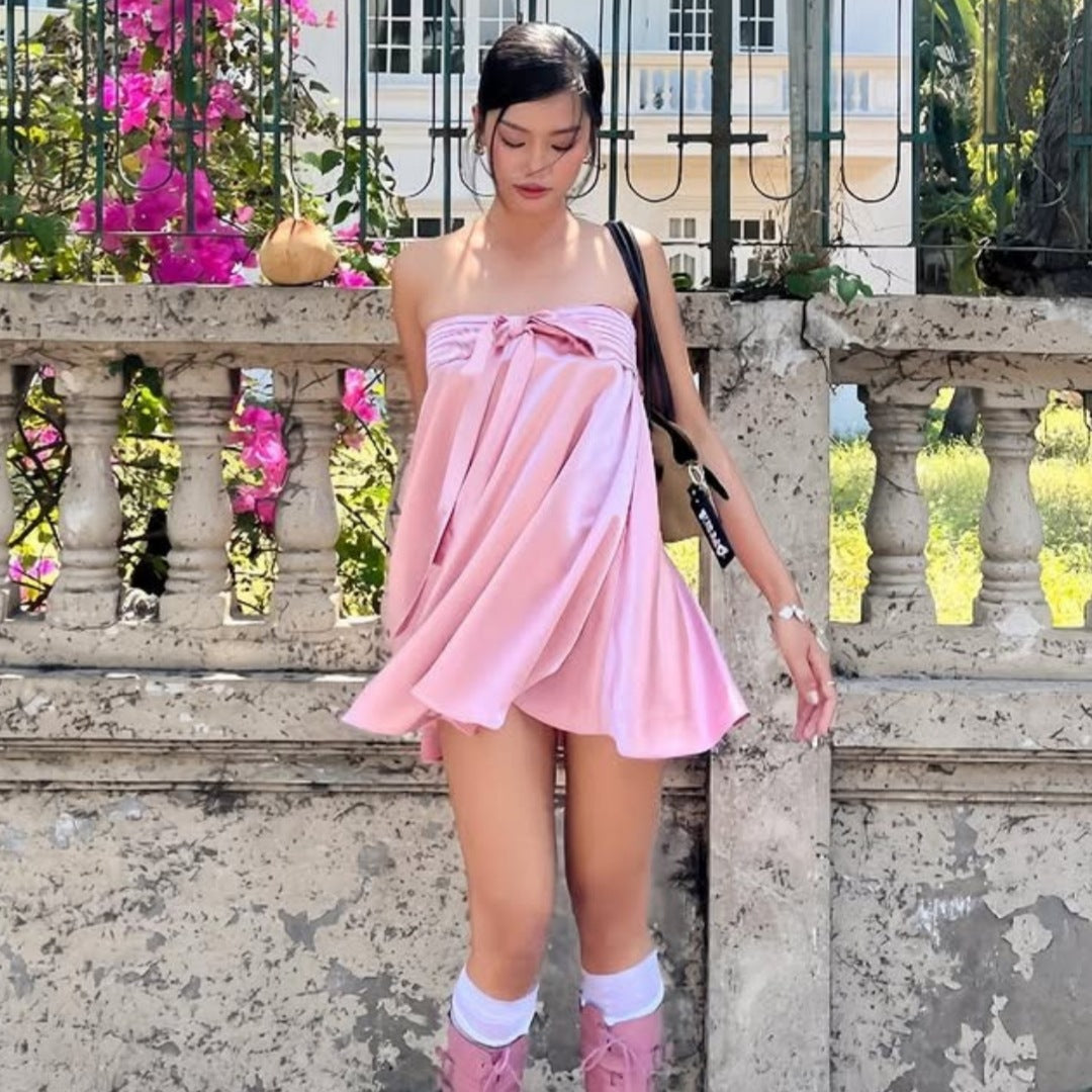 Multi-Color Strapless Satin Bow Mini Dress