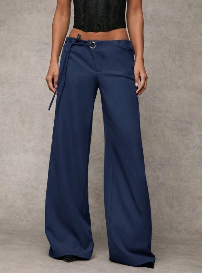 Low-Rise Tie Waist Wide Leg Trousers | Tailored Flare Pants with Metal Ring Detail for Women