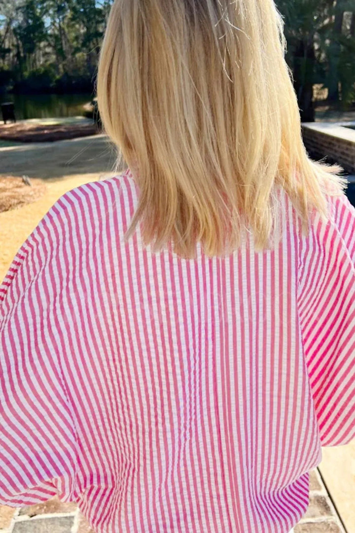 Blue &amp; White Striped Puff Sleeve Blouse with Colorblock V-Neck