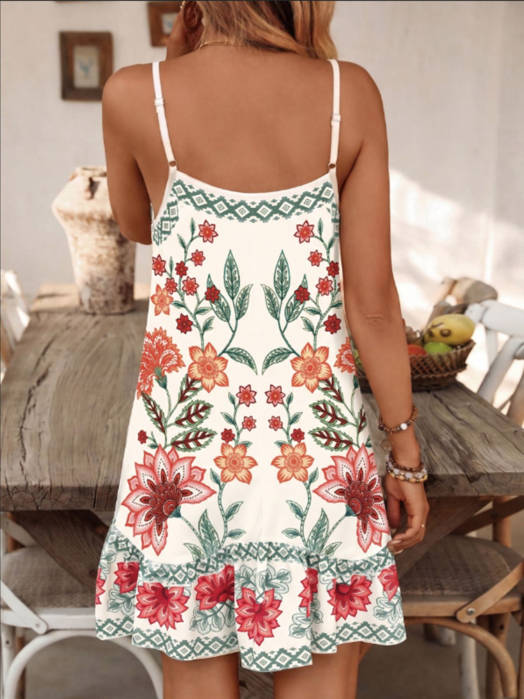 Boho Floral Geometric Trim Spaghetti Strap Ruffle Hem Mini Sundress