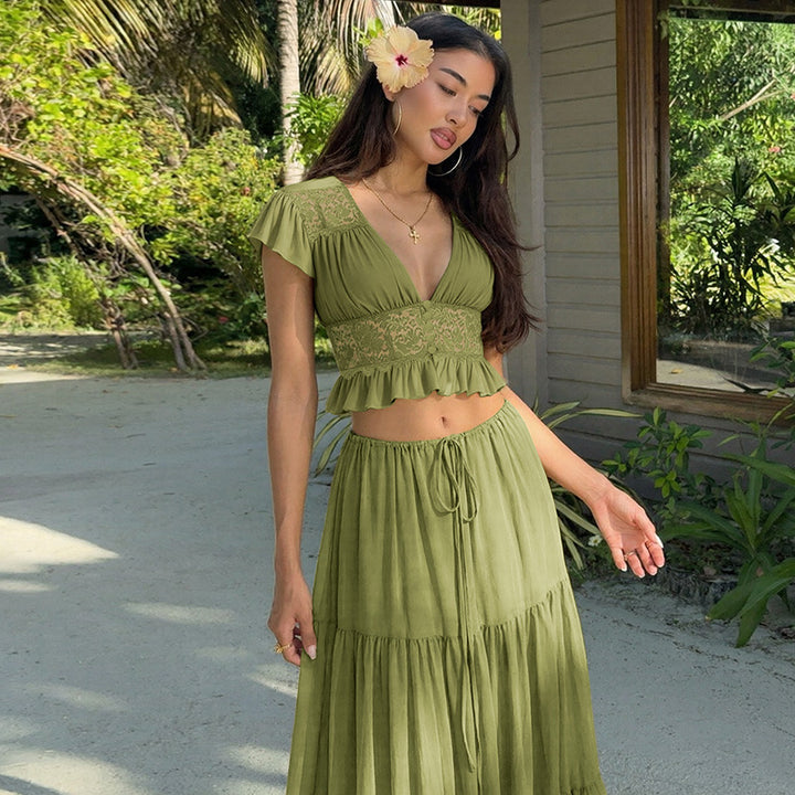 Sage Green Lace Corset Crop Top &amp;amp; Tiered Maxi Skirt 2-Piece Set