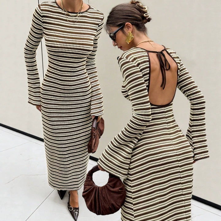 Back Tie Striped Knit Flare Sleeve Midi Dress