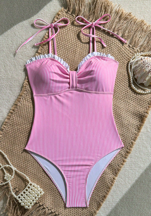 Striped Ruffle Trim Tie-Strap One-Piece Swimsuit