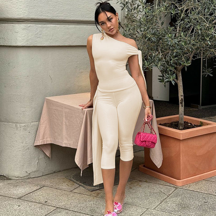 One-Shoulder Tie-Detail Two-Piece Set | Bodycon Crop Top &amp;amp; Capri Leggings Outfit