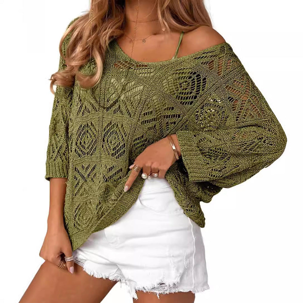 Openwork three-quarter sleeve knitted cover-up