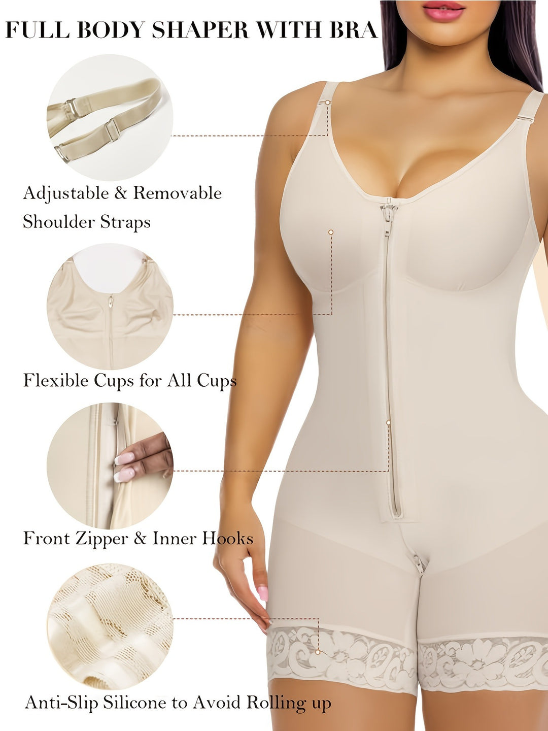 Full Body Shaper with Built-in Bra, High Compression Shapewear with Front Zipper &amp; Butt Lifter