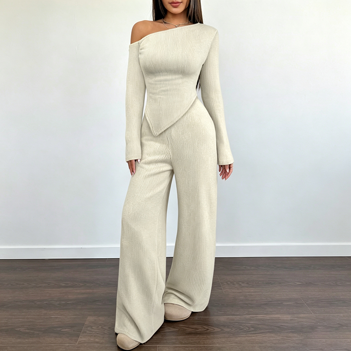 Solid-color off-shoulder long-sleeve top and pants set