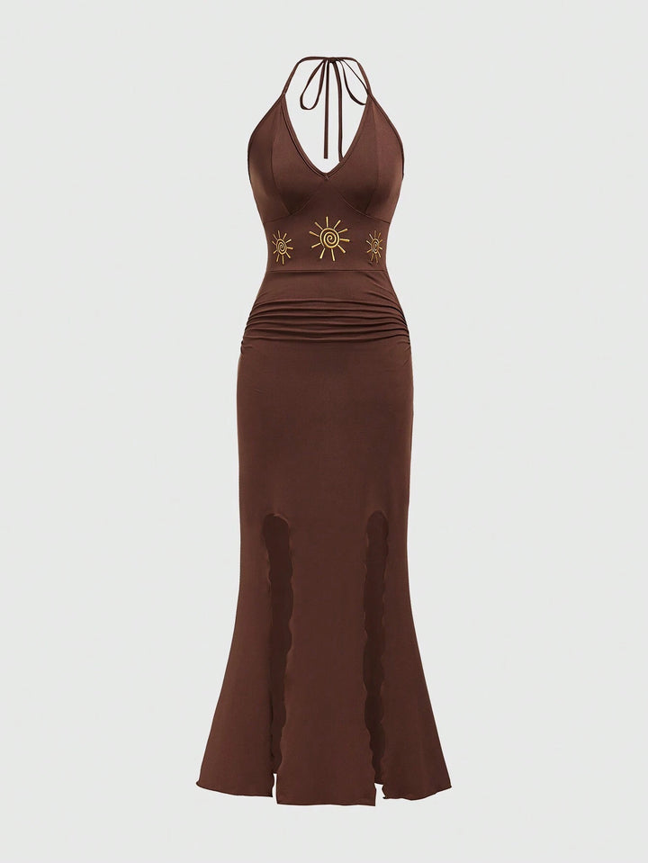 Brown Sun-Embroidered Halter Mermaid Maxi Dress