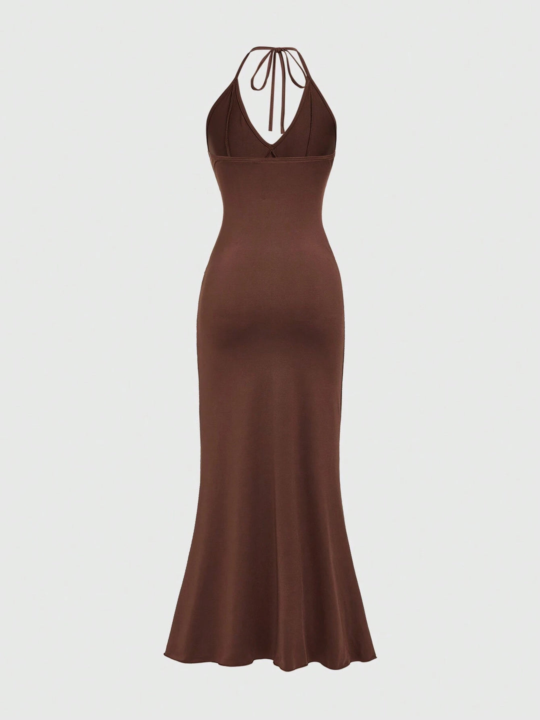 Brown Sun-Embroidered Halter Mermaid Maxi Dress