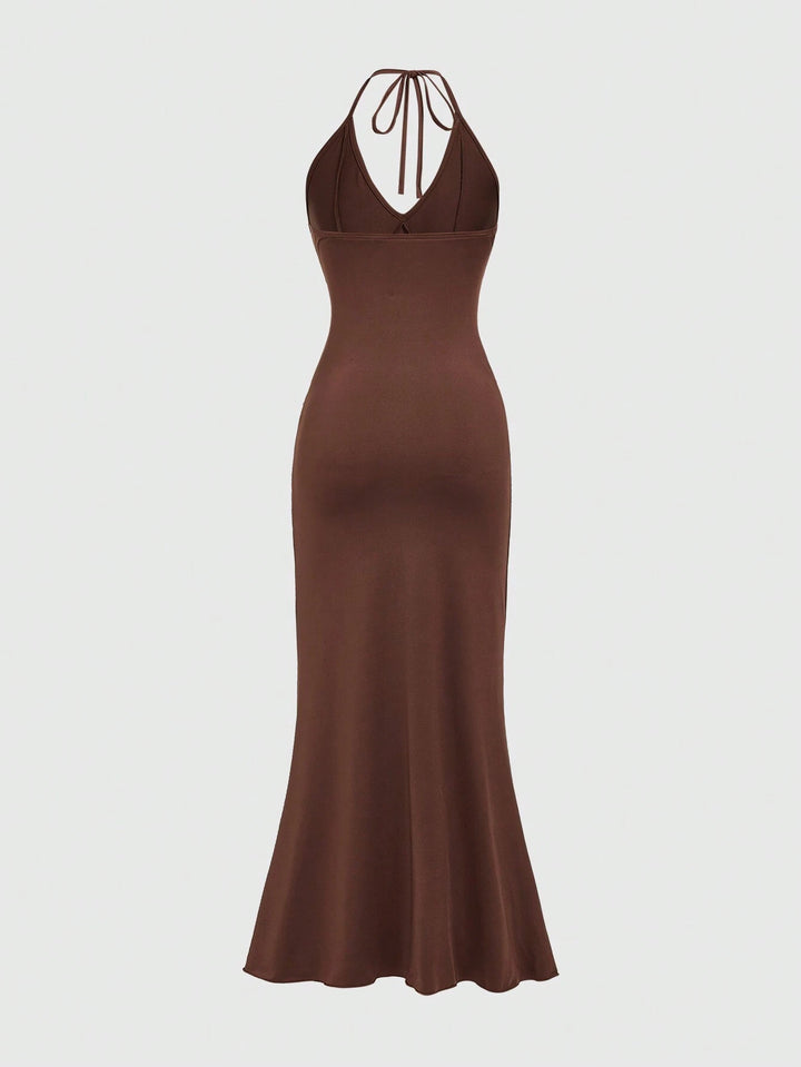 Brown Sun-Embroidered Halter Mermaid Maxi Dress