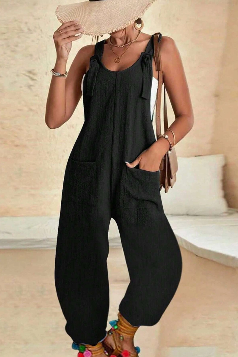 Textured Knotted Strap Loose Jumpsuit
