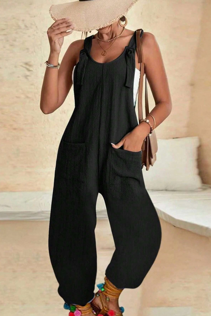 Textured Knotted Strap Loose Jumpsuit