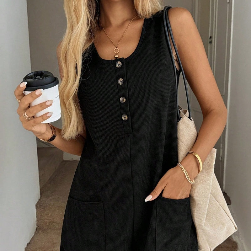 Sleeveless Waffle Knit Henley Romper
