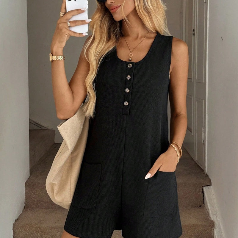 Sleeveless Waffle Knit Henley Romper
