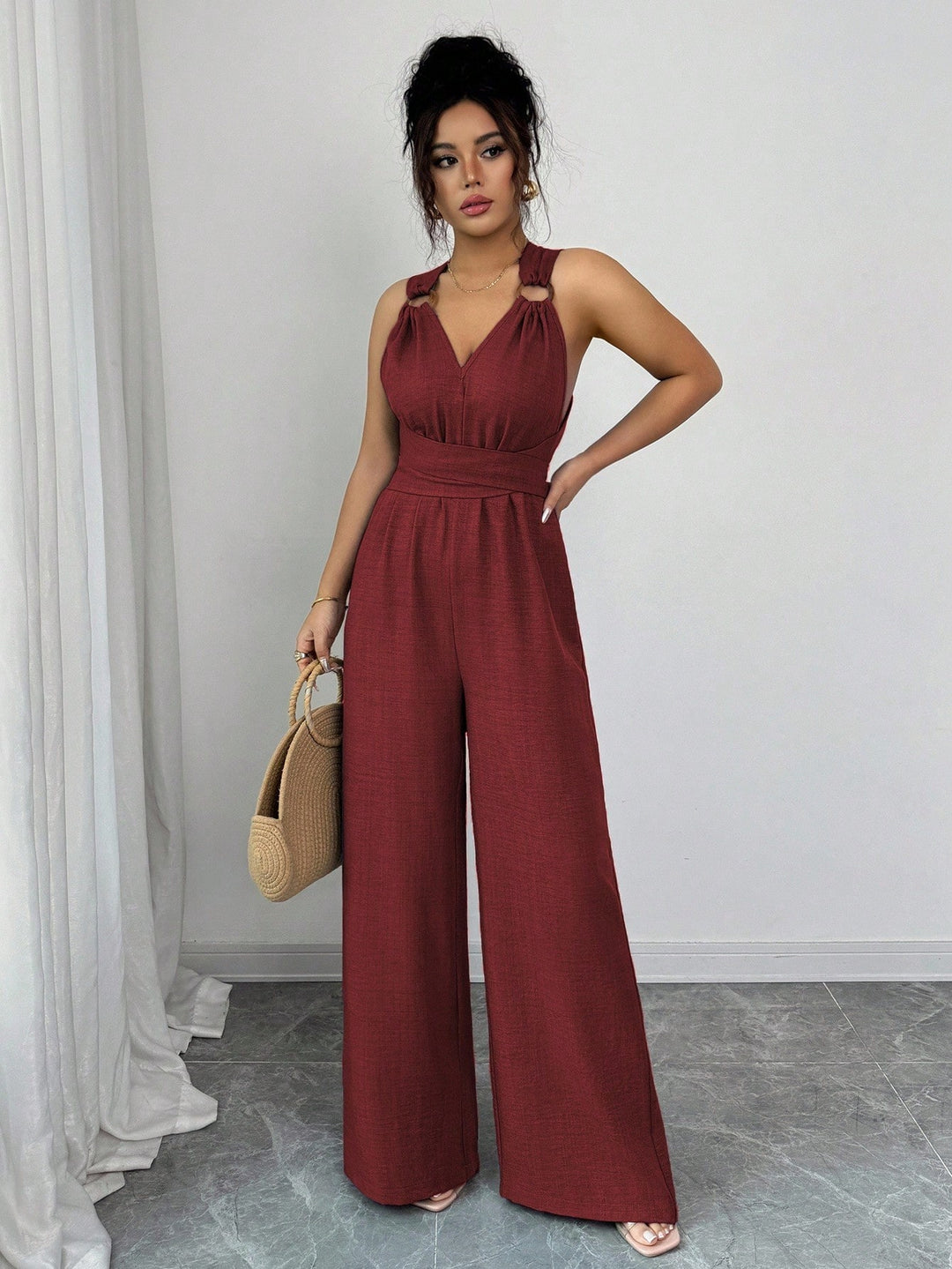 Rust Crisscross Back Wide-Leg Jumpsuit