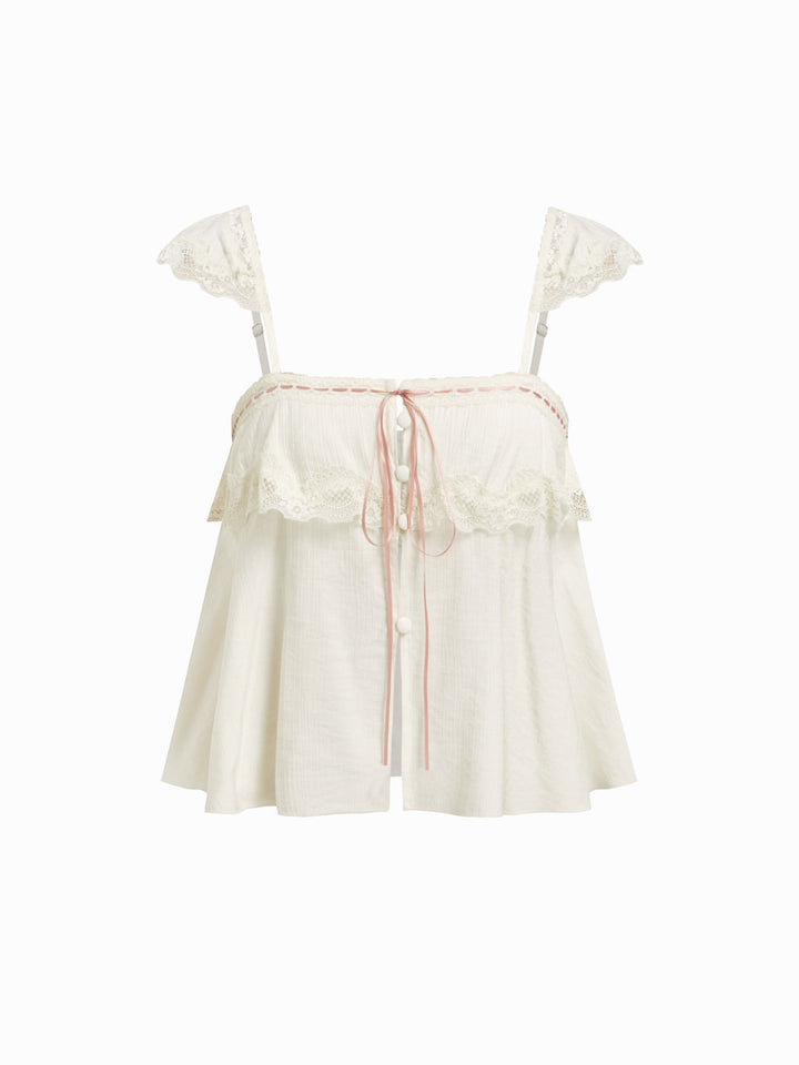 French Lace Trim Camisole + Harem Pants Set | Cream Crinkle Romantic Two-Piece