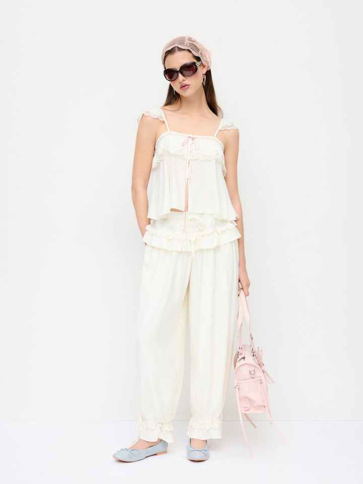 French Lace Trim Camisole + Harem Pants Set | Cream Crinkle Romantic Two-Piece