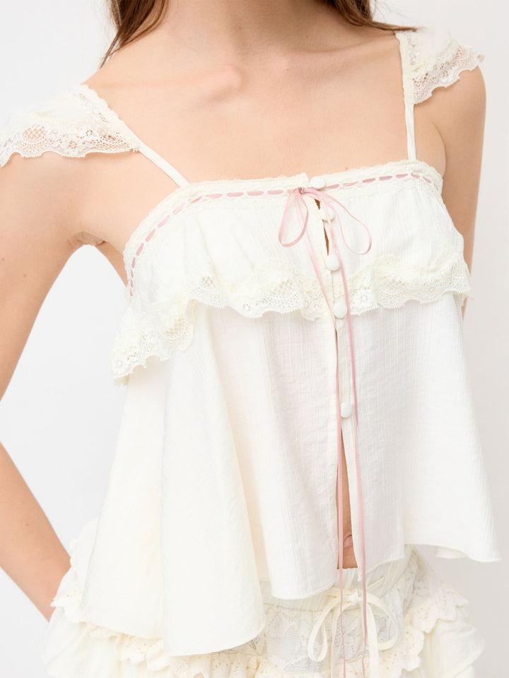 French Lace Trim Camisole + Harem Pants Set | Cream Crinkle Romantic Two-Piece
