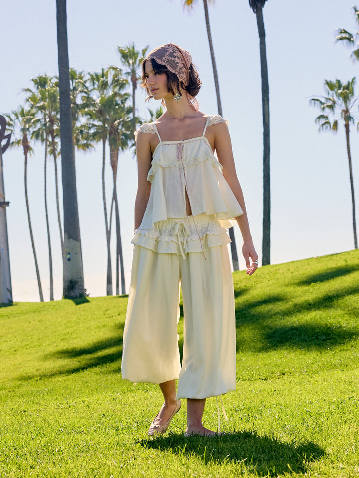 French Lace Trim Camisole + Harem Pants Set | Cream Crinkle Romantic Two-Piece