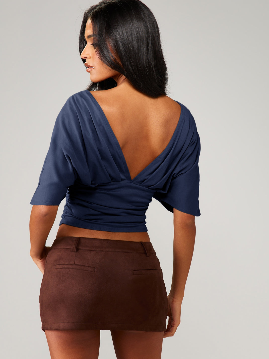 Ruched Dolman Sleeve Crop Top, Deep V-Neck Open Back Blouse for Women