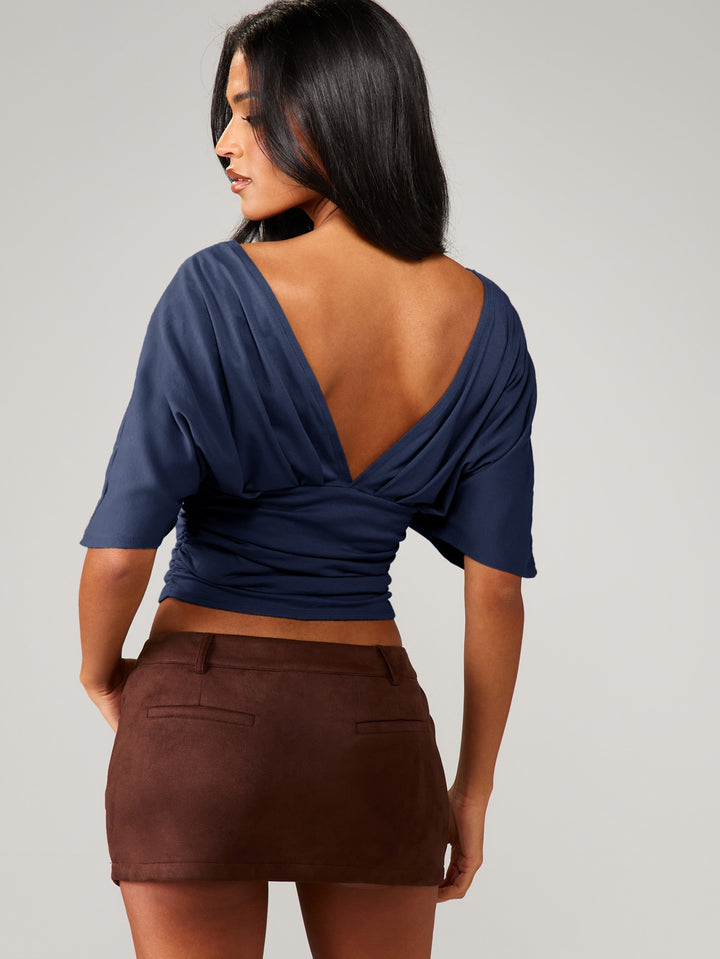 Ruched Dolman Sleeve Crop Top, Deep V-Neck Open Back Blouse for Women