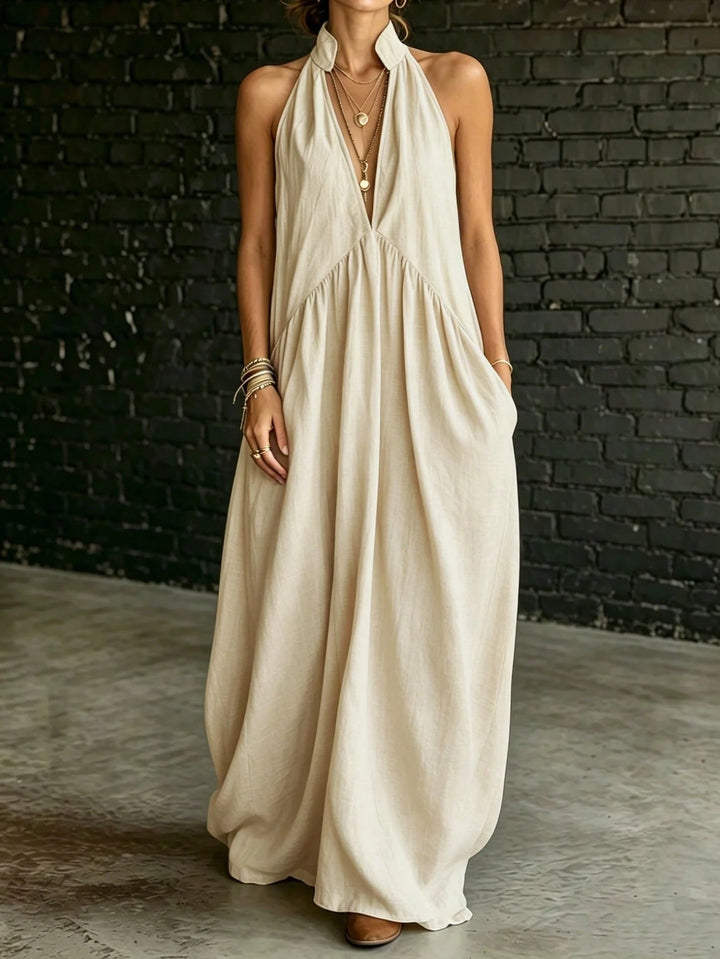 Beige Linen-Blend Halter Neck Maxi Dress