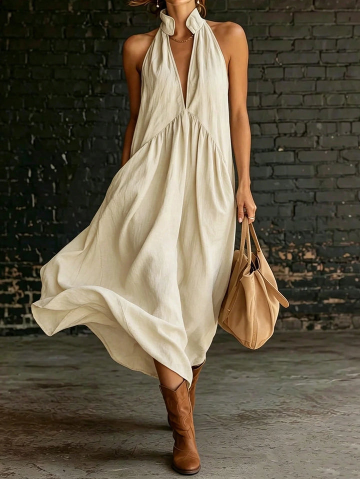 Beige Linen-Blend Halter Neck Maxi Dress
