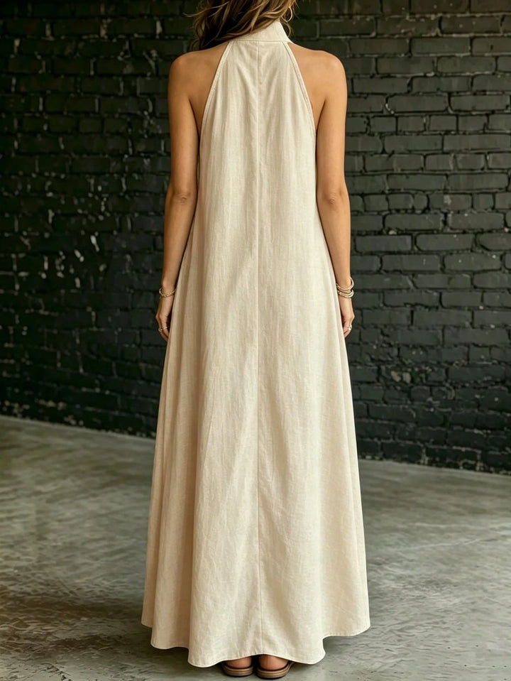 Beige Linen-Blend Halter Neck Maxi Dress