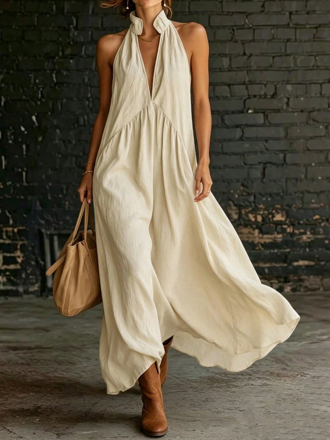 Beige Linen-Blend Halter Neck Maxi Dress